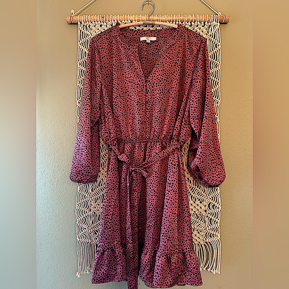 LOFT dress 20 plus animal print leopard dot rust black tie belt mini Ann Taylor